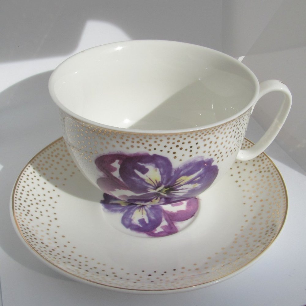 Grace Teaware China gold polka dot purple Pansy Theme Teacup & Saucer coffee cup